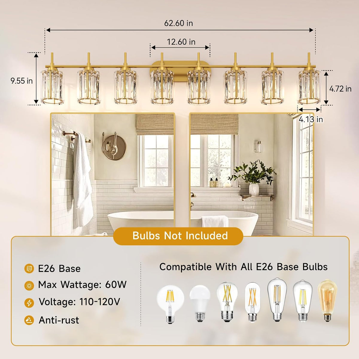 Hasipu 8-Light Brushed Gold Vanity Light Fixtures with Clear Crystal Shade