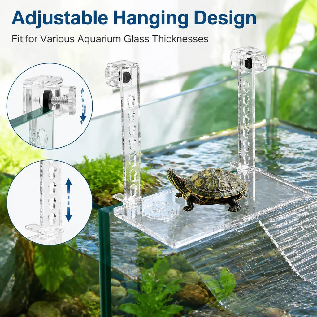 Hanging Turtle Basking Platform, Multifunctional Acrylic Turtle Dock with Ramp & Feeding Area, Adjustable Reptile Aquarium Tank Terrace for Basking Resting Climbing, Clear Habitat Decor for Aquarium