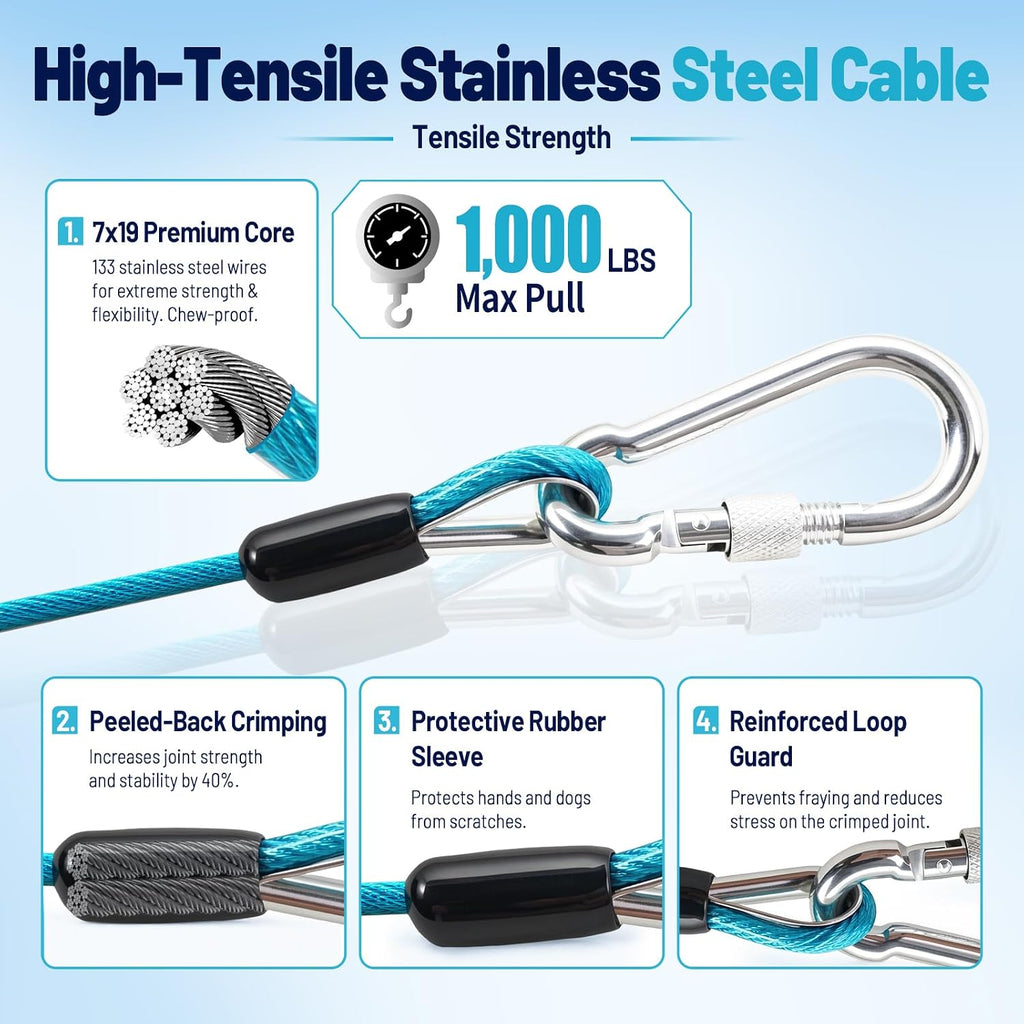 100FT Dog Runner Cable System for Large Dogs Up to 300lb