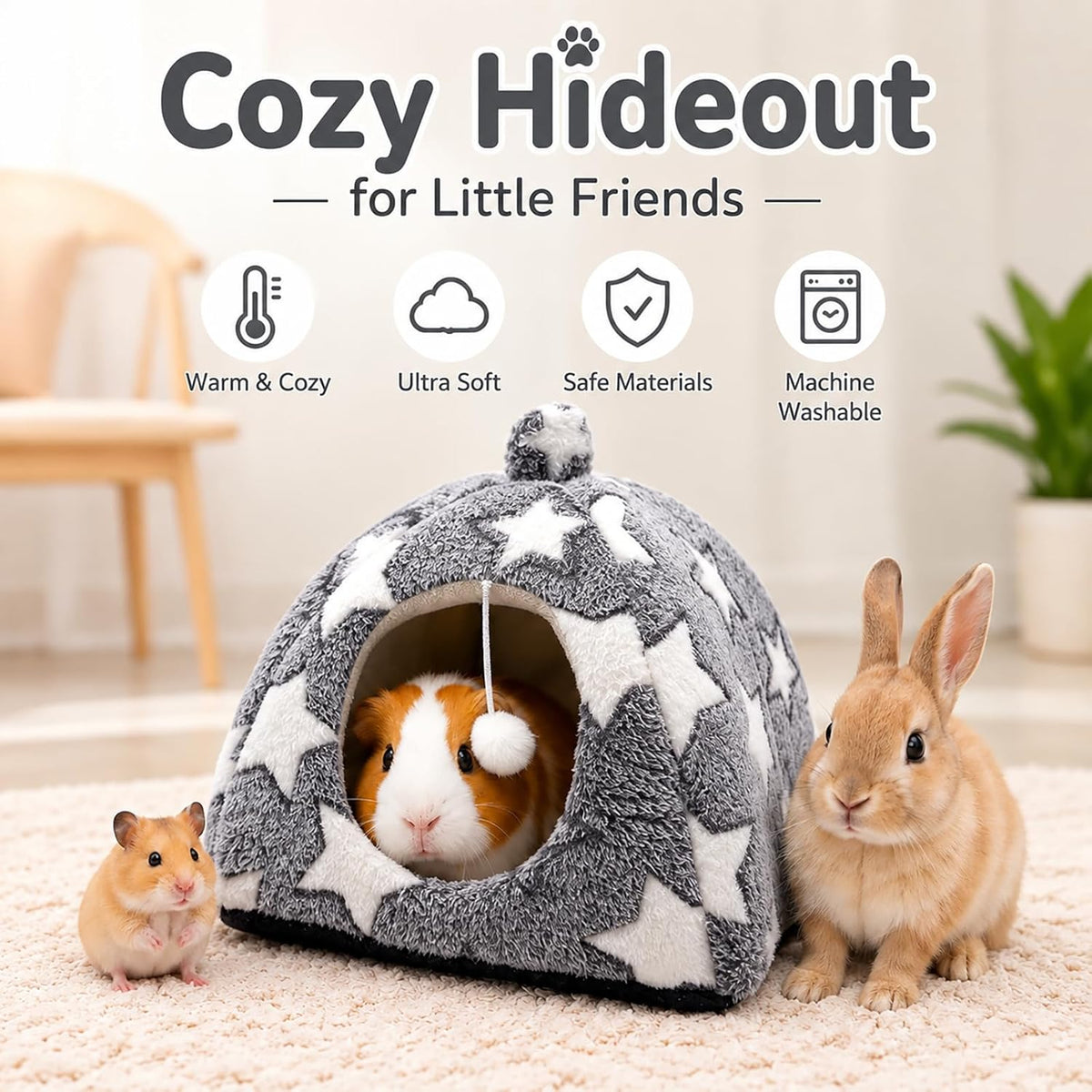Guinea Pig Bed House Cozy Cave for Hamsters,Hedgehogs Small Rabbits (Grey)