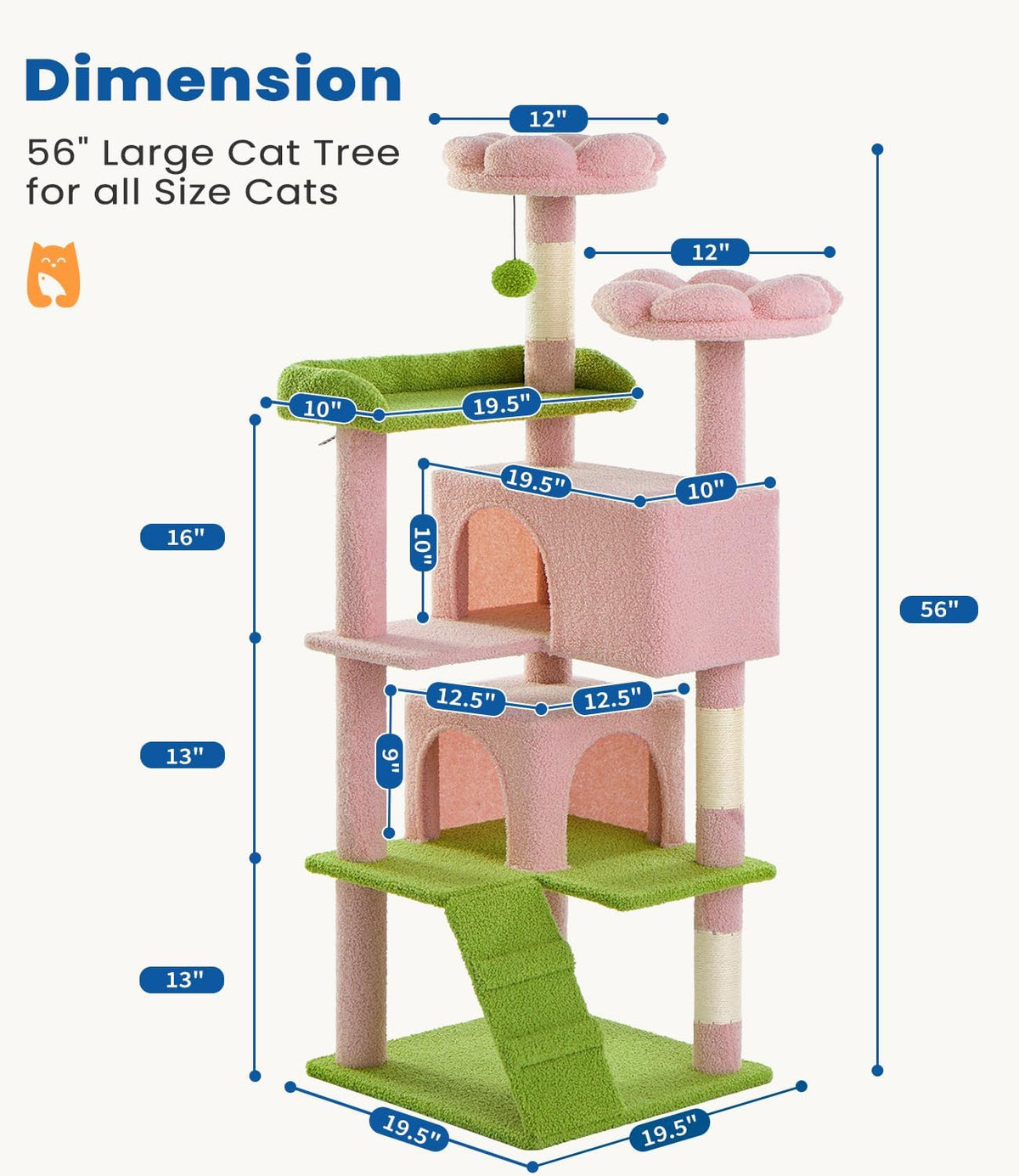 Cat Tree Tower 56in Cat Trees Multi-Level Cat Condos with Spacious Perch, 2 Cozy Condos, Scratching Posts, Climbing Ladder, Toy Ball, Durable Pet House Furniture for Indoor Kittens, Pink Green Flower