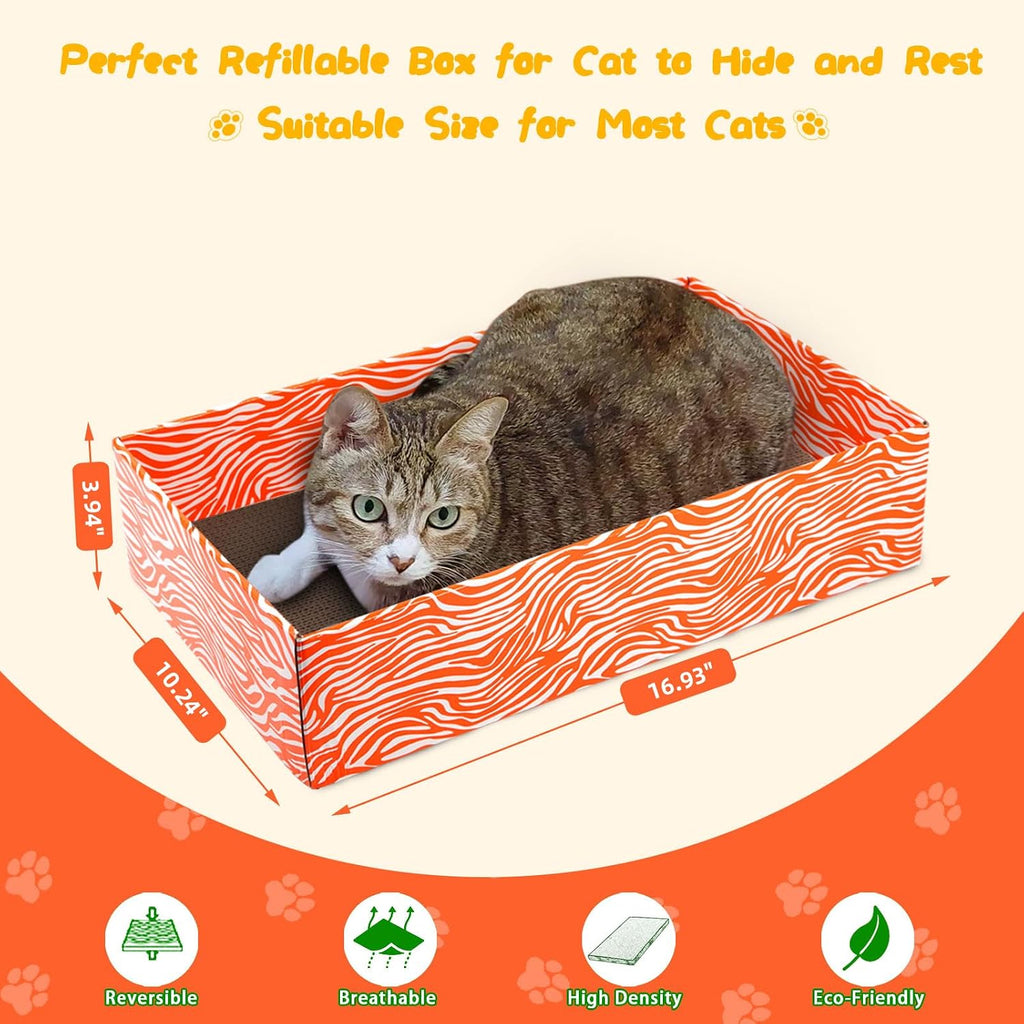 Cat Scrather Box with 4 pcs Large Scratching Cardboard and Toy Ball, Catnip, 4 in 1 Large Refillable & Reversible Cat Scratcher Pad, Cardboard Cat Bed for Big Medium Small Lazy Kitty