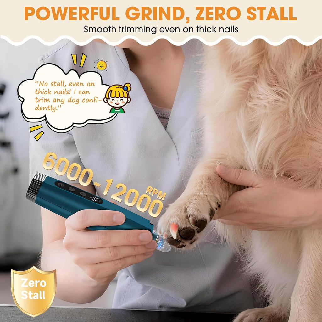 ATESON Dog Nail Grinder with LED Light, 6-Speed Quiet Electric Pet Nail Trimmers, Forward/Reverse, Electric Dog Nail Trimmer, 2000mAh Battery 8H Runtime, 95% Dust Capture for Dogs & Cats