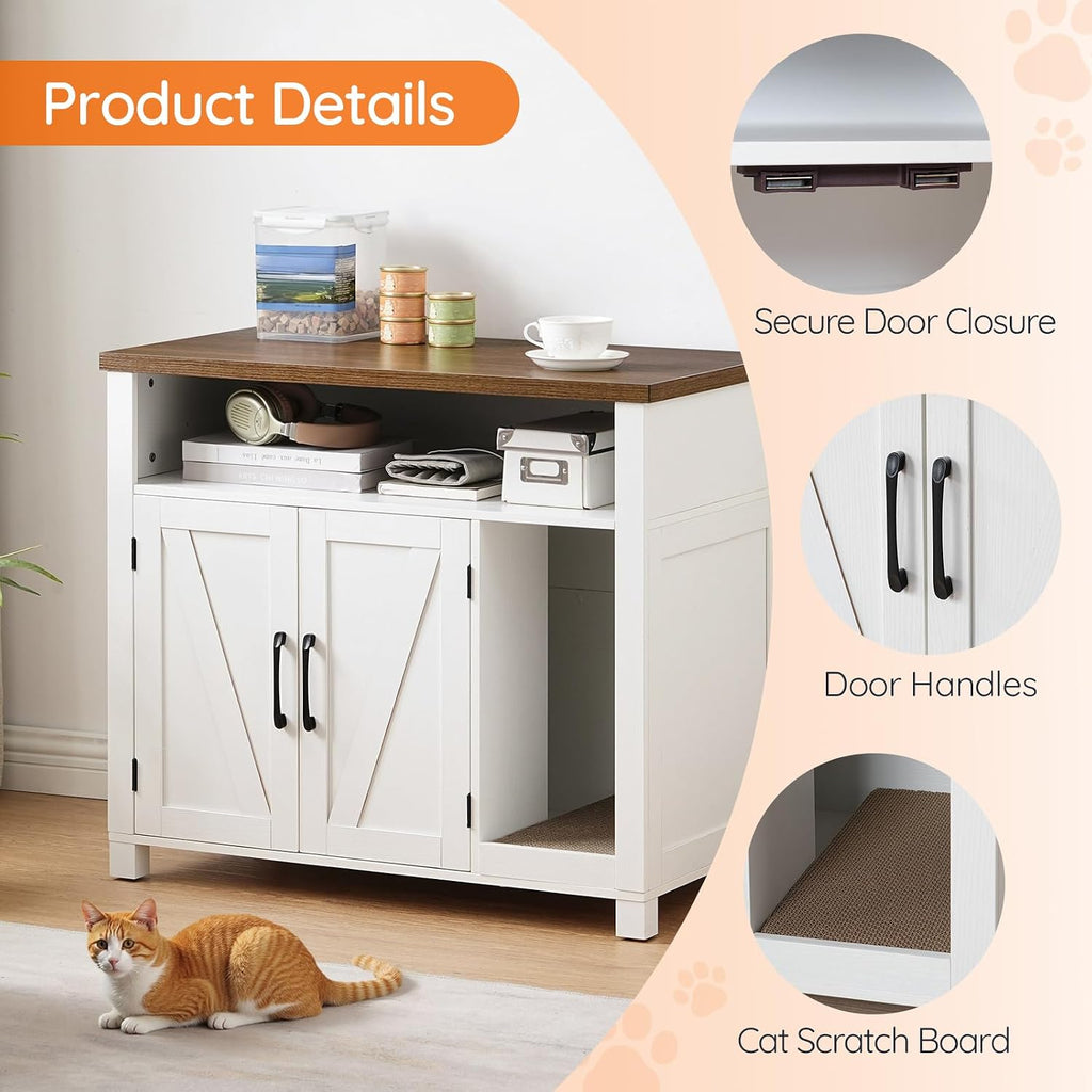HOOBRO Cat Litter Box Enclosure, Farmhouse Hidden Litter Box with Scratch Pad, Litter Box Furniture with Storage Layer, End Side Table,White and Walnut, WH24MW01