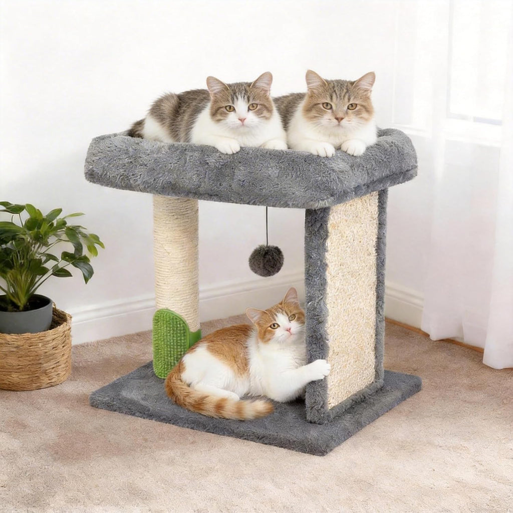 Cat Scratching Post Small Cat Tree with Cat Self Groomer, 17.3x13.4” Wide Top Bed, Natural Scratch Post and Danging Ball Great for Kittens and Average Indoor Cats-Grey