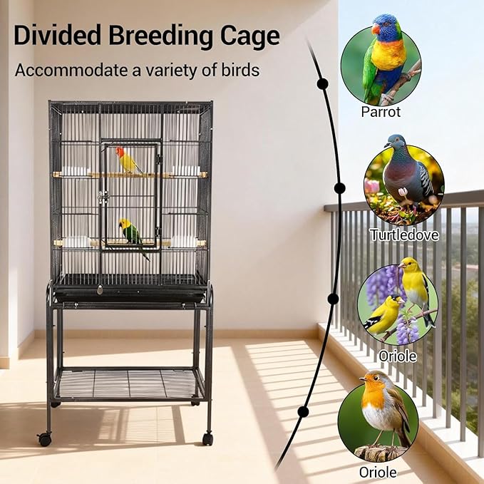 53 Inch Bird Cage with Wooden Perches, Standing Wrought Iron Birdcage with - Image 8