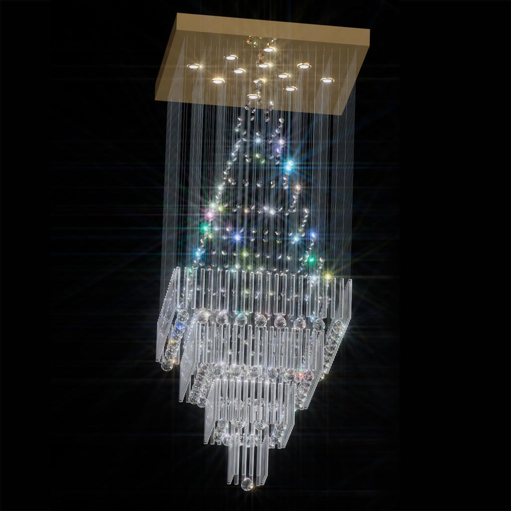 Flashing God D32''X H79'' Extra Large Chandeliers for High Ceilings Square Crystal Raindrop Gold Chandeliers Large Villa Chandelier Entrance Foyer Ceiling Light LED Dimmable 2700K-6000K