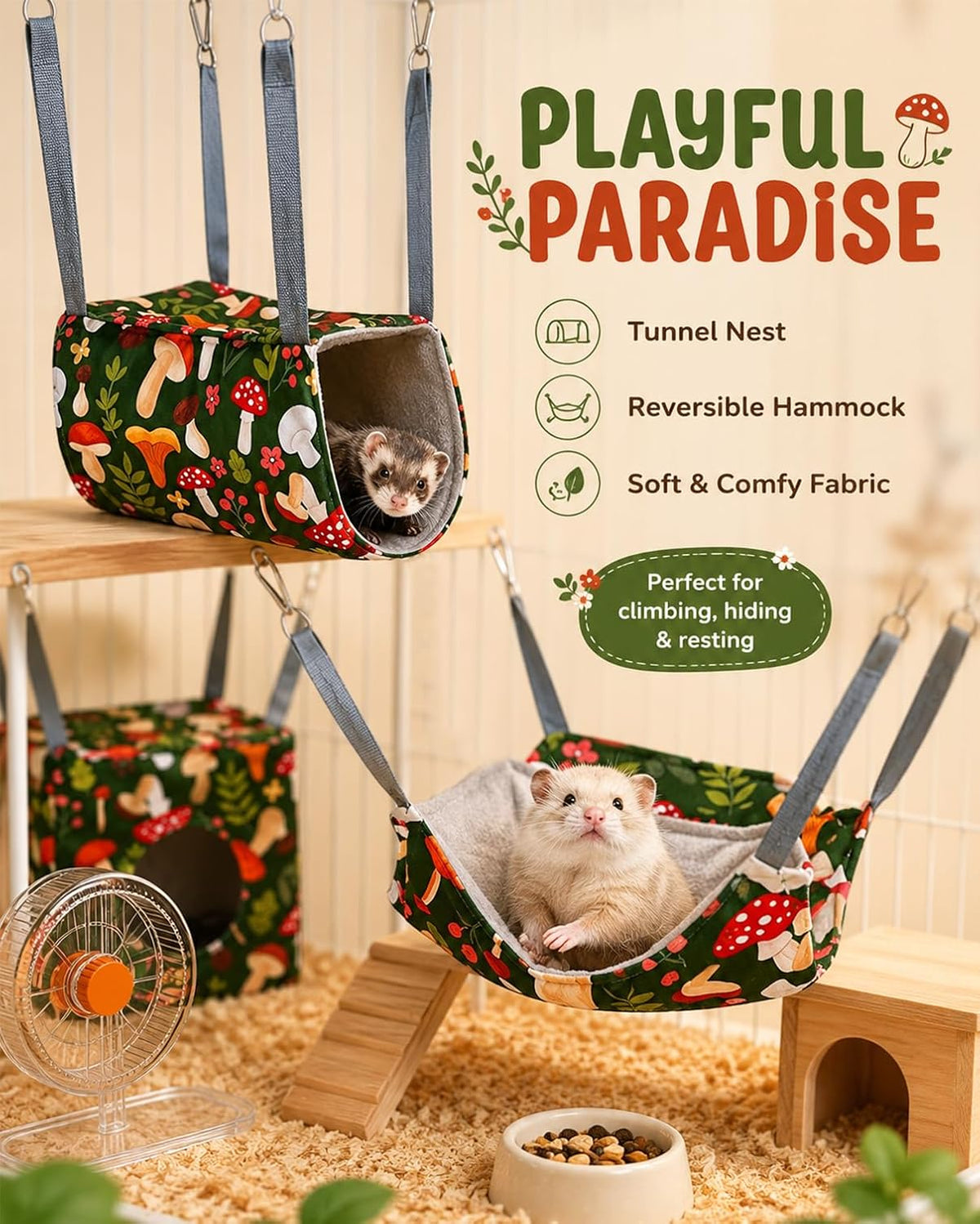 6-Piece Guinea Pig Hammock Set，with 4 Hammocks，Wheel & Feeder