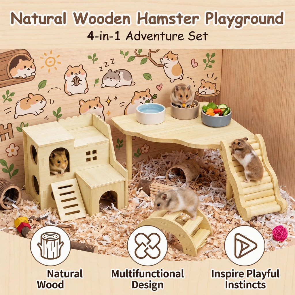 4-Piece Hamster Cage Accessories Set, Wooden Platform, Hideout Tunnel, Ladder and Climbing Playhouse for Dwarf Hamsters, Syrian Hamsters, Mice, Gerbils, Degus and Small Pets