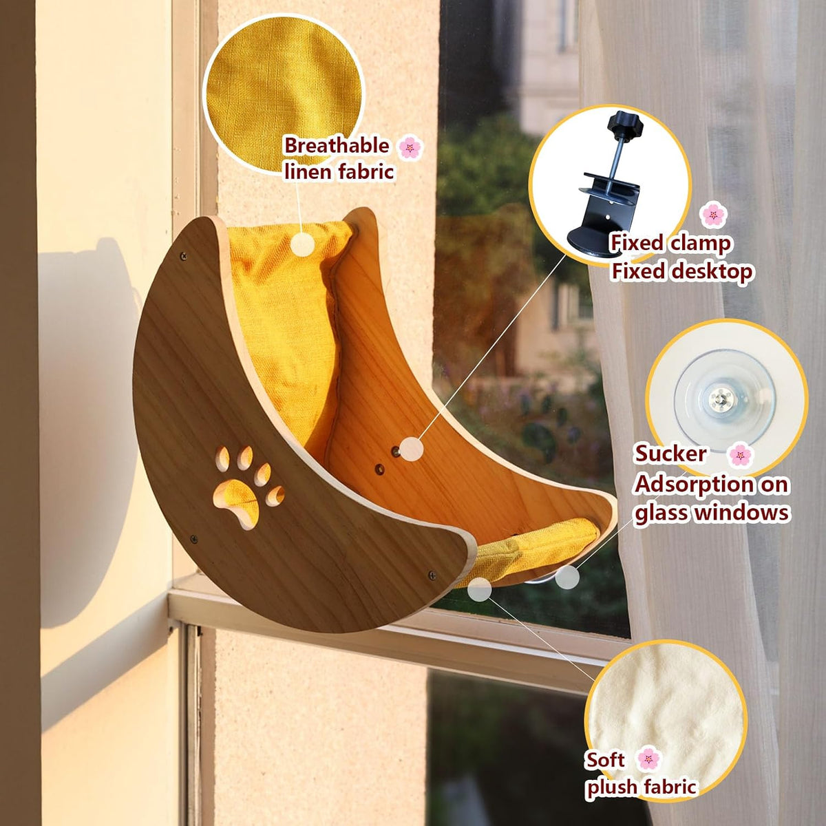 Cat Window Perch Hammock Bed with Strong Suction Cups, Space-Saving Window Cat Bed for Indoor Cats, Multi-Use Moon Shelf for Desk or Window