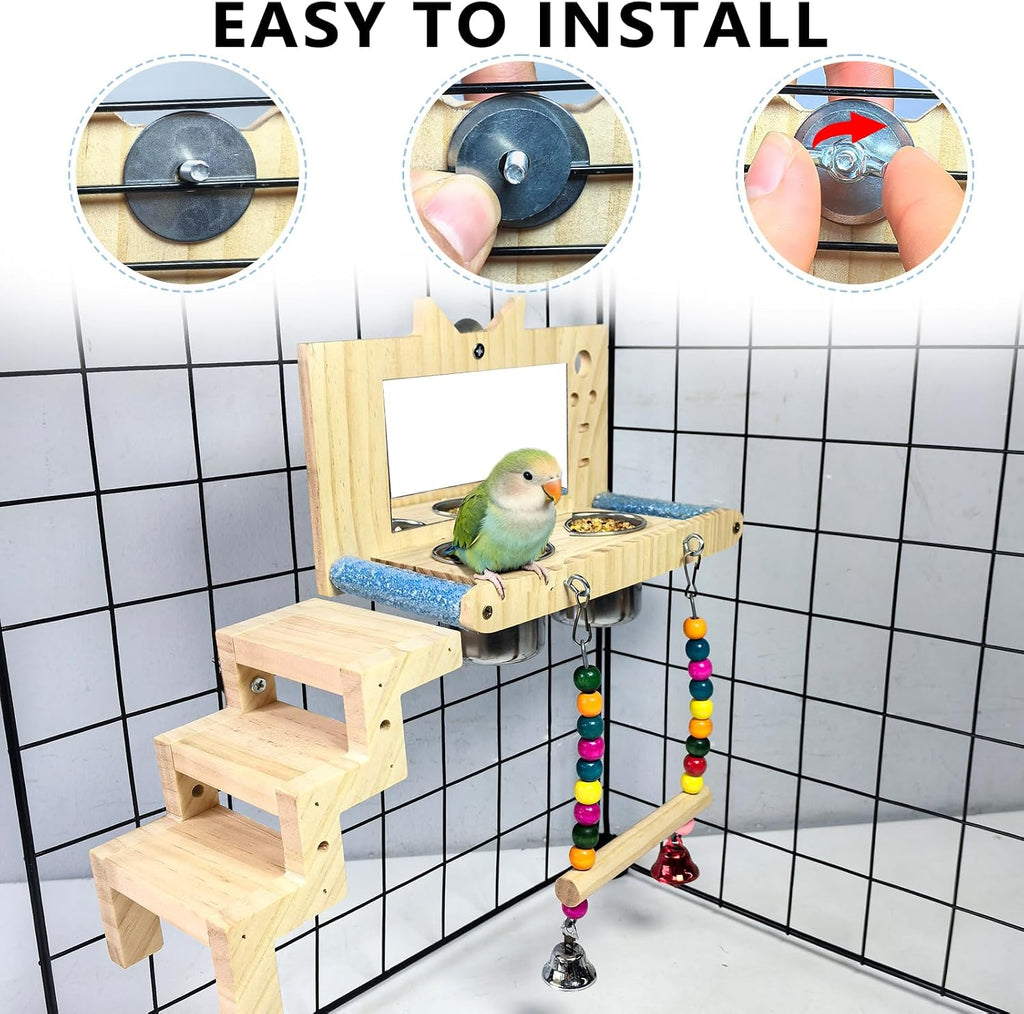 Bird Perch Platform Swing with Mirror Ladder Bowl,Parrot Play Gym Cage Toys