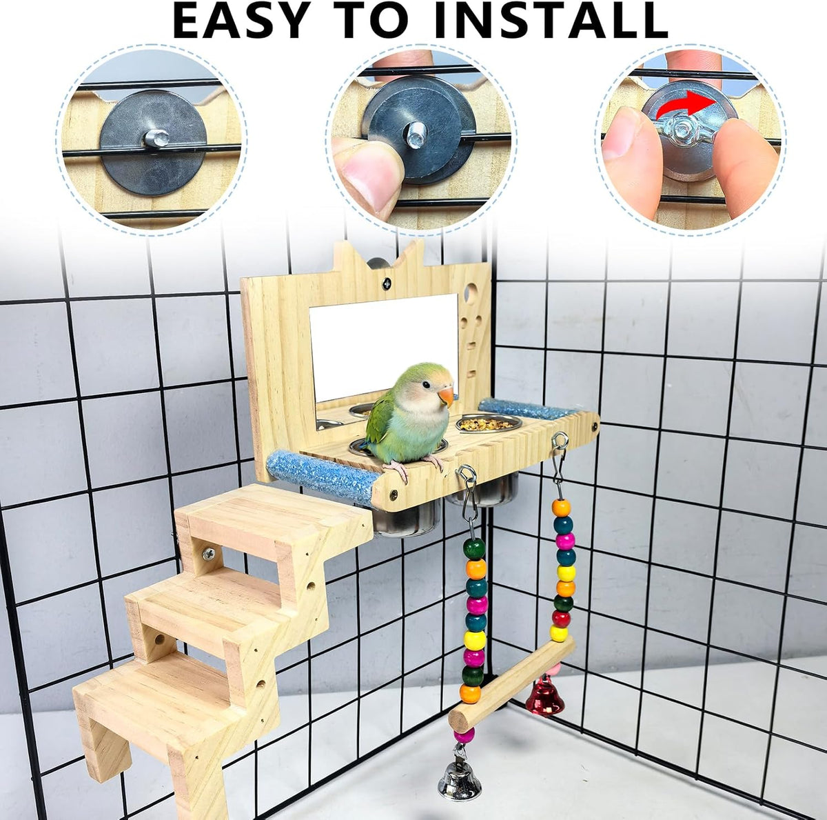 Bird Perch Platform Swing with Mirror Ladder Bowl,Parrot Play Gym Cage Toys