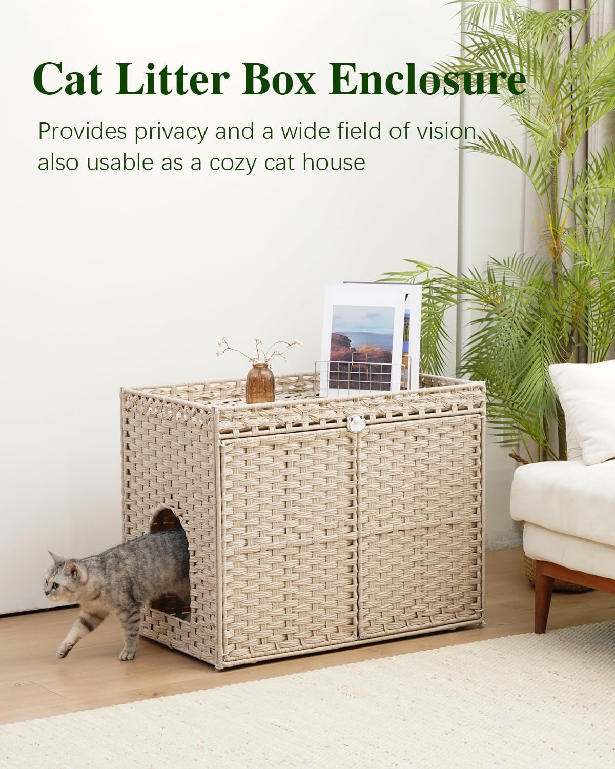 SETVSON Cat Litter Box Enclosure, XL Hidden PE Rattan, Light Khaki