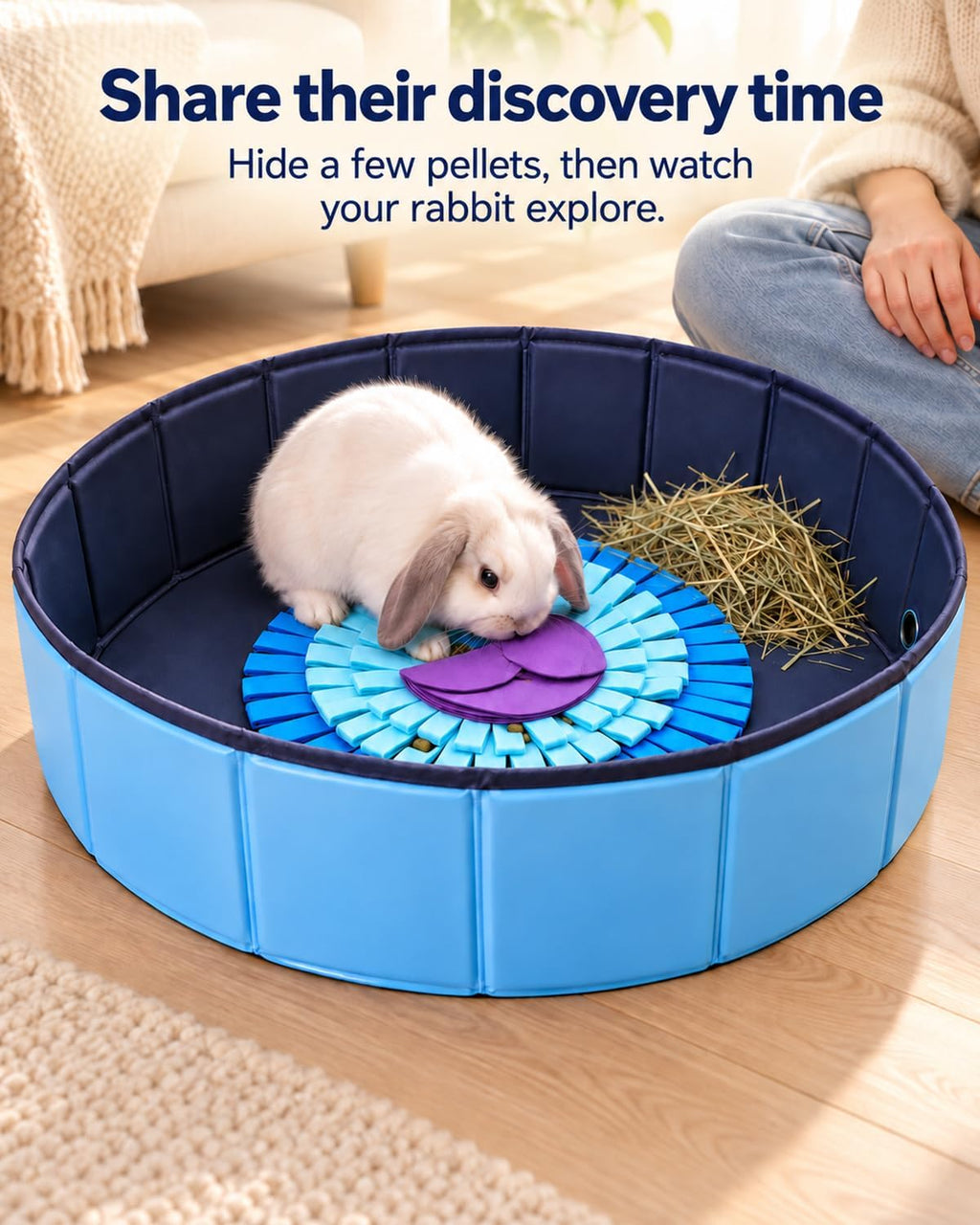 Bunny Ball Pit with Rabbit Foraging Mat Set, 23.6-Inch Round Small Animal Playpen with 18.9-Inch Snuffle Feeding Mat for Rabbits, Guinea Pigs and Chinchillas