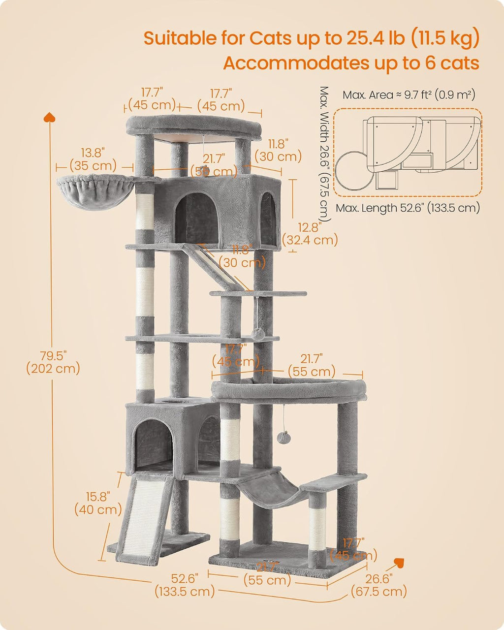 Feandrea Cat Tree, 79.5" Heavy Duty Cat Tower Condo for Indoors, Dove Gray