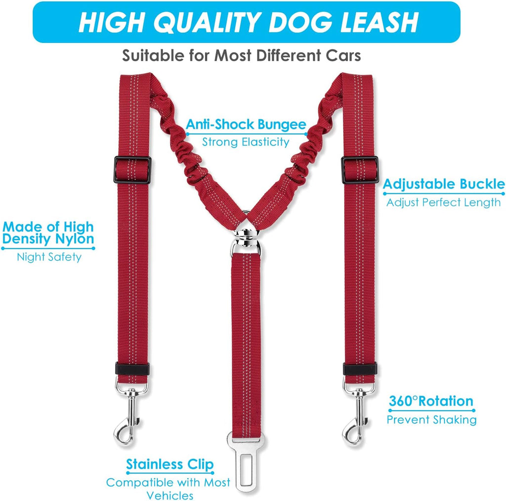 SlowTon Double Dog Seat Belt for Car with Elastic Bungee Buffer, Adjustable