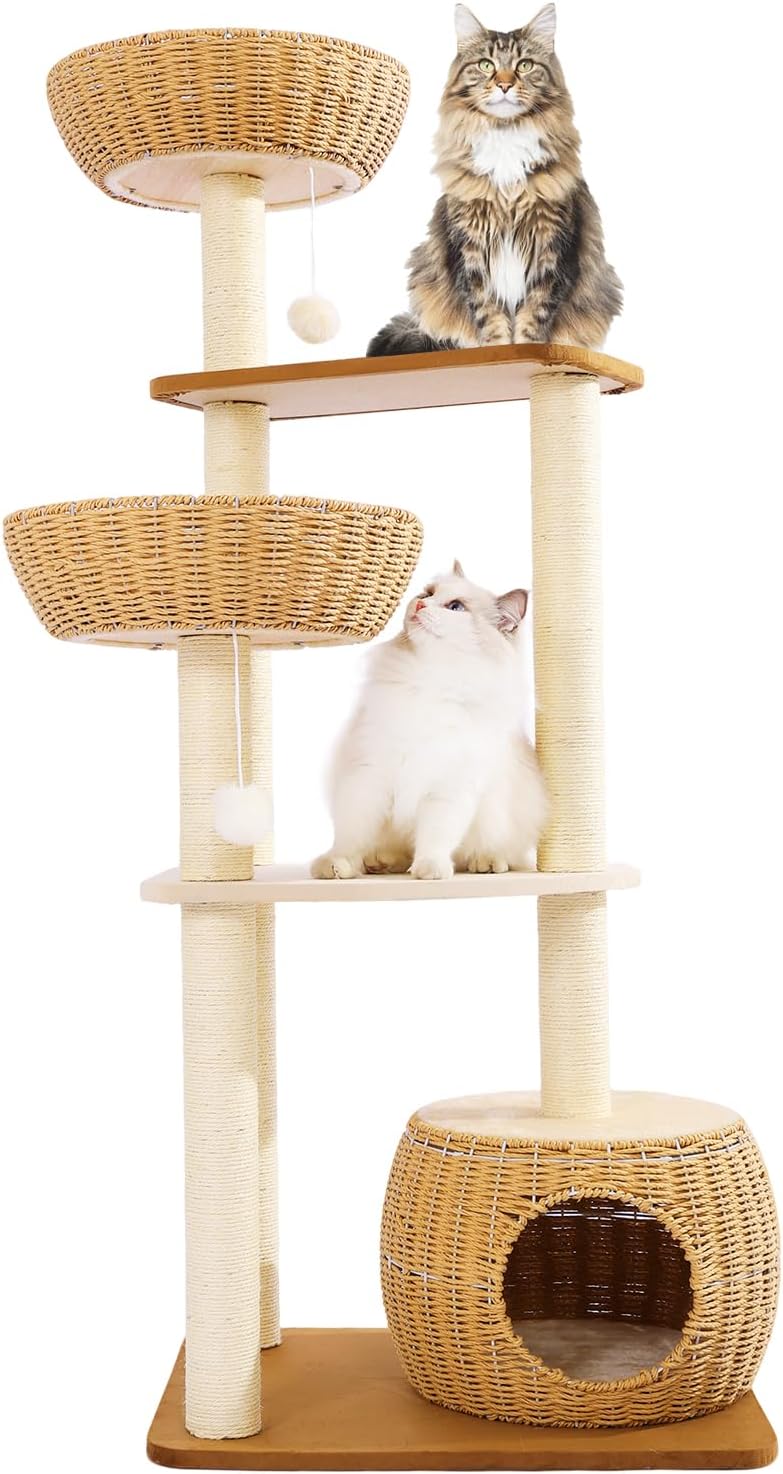 55.5-Inch Modern Cat Tree for Large Cats with Woven Basket Beds