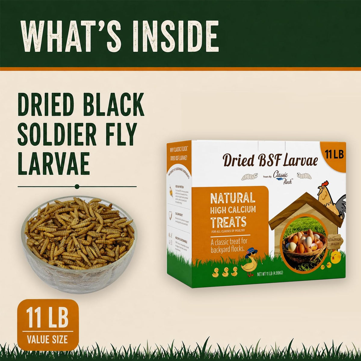 Classic Flock 11 LB Dried Black Soldier Fly Larvae for Chickens, Bulk