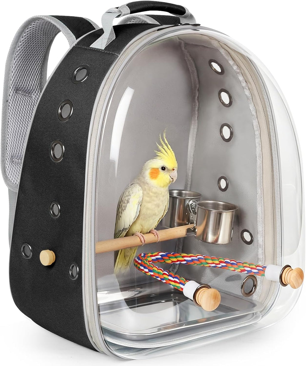 Bird Traval Carrier Cage, Multi Vent Holes Clear Space Capsule Astronaut Backpack to Carry Parakeet Cockatiel Parrot with Metal Tray Wood Perch, Vet Transport Bag