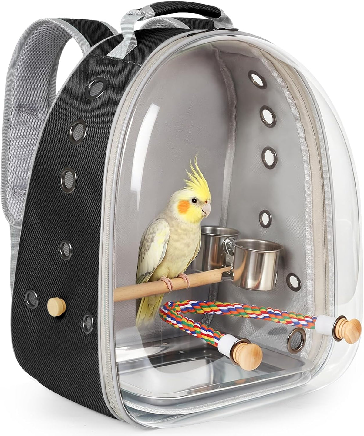 Bird Traval Carrier Cage, Multi Vent Holes Clear Space Capsule Astronaut Backpack to Carry Parakeet Cockatiel Parrot with Metal Tray Wood Perch, Vet Transport Bag