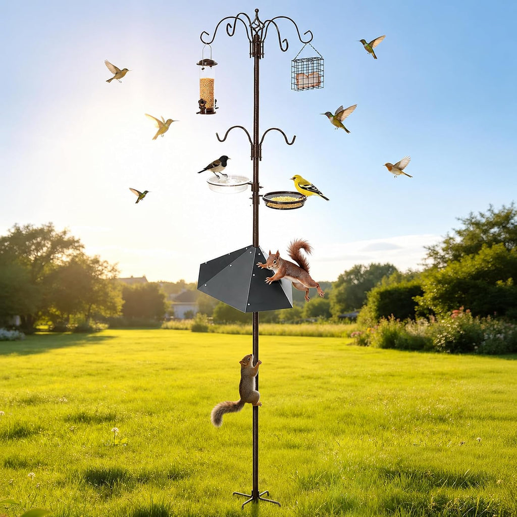 97" Bird Feeding Station Kit with Metal Squirrel Baffle, Heavy Duty Metal Bird Feeding Station with Seed Tray＆Mesh Basket, Easy Assembly Ground Mounted Bird Feeder Pole for Garden Yard Outdoor