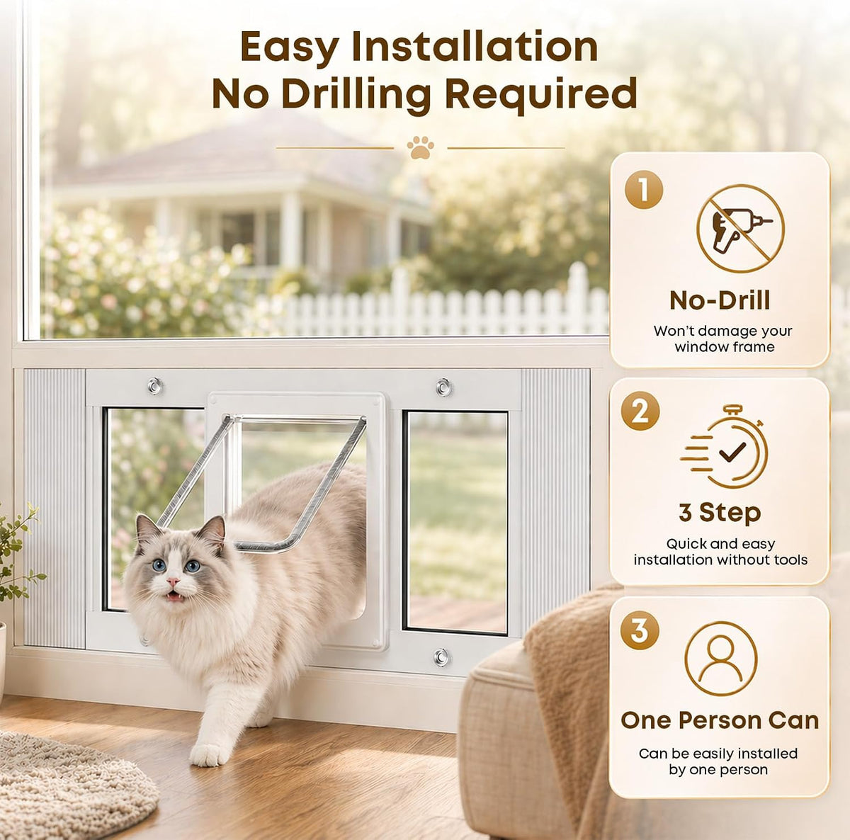 Cat Door for Window, Adjustable 31"-36", 4 Locking Modes + Extra Security Lock for Outside Safety, Window Pet Door with Magnetic Self-Closing, No-Drill Installation, Weatherproof Aluminum Frame Insert