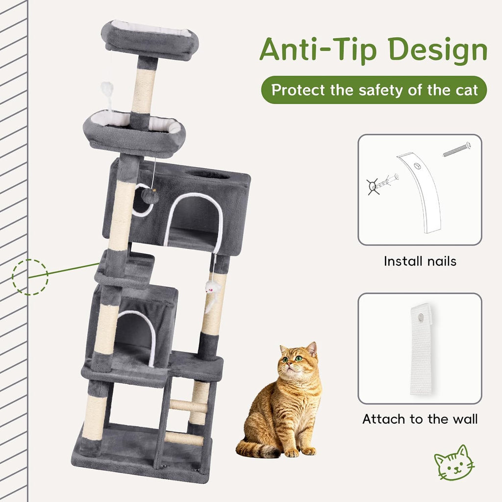 Cat Tree with 2 Cozy Condos & 6 Sisal Scratching Posts, 60-inch Multi-Level Cat Tower for Indoor Cats, Extra Sturdy Cat Activity Center (Dark Gray)