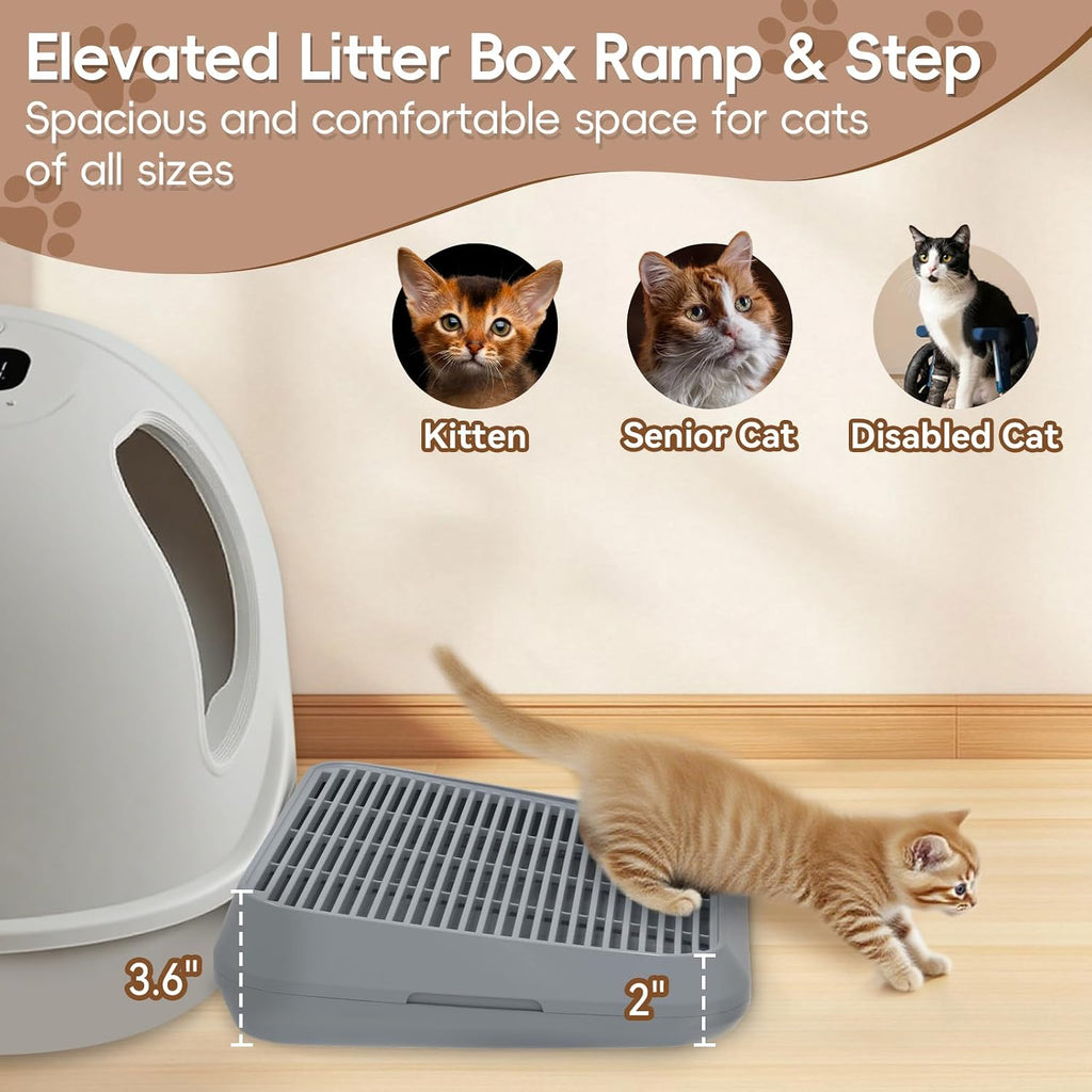 Elevated Litter Box Ramp/Steps for Kittens & Old Cats,Washable Litter Catcher Stairs for Automatic Cat Litter Box,Anti-Tracking Cat Litter Mat Pedal with Filter,Easy to Clean (Dark Grey)