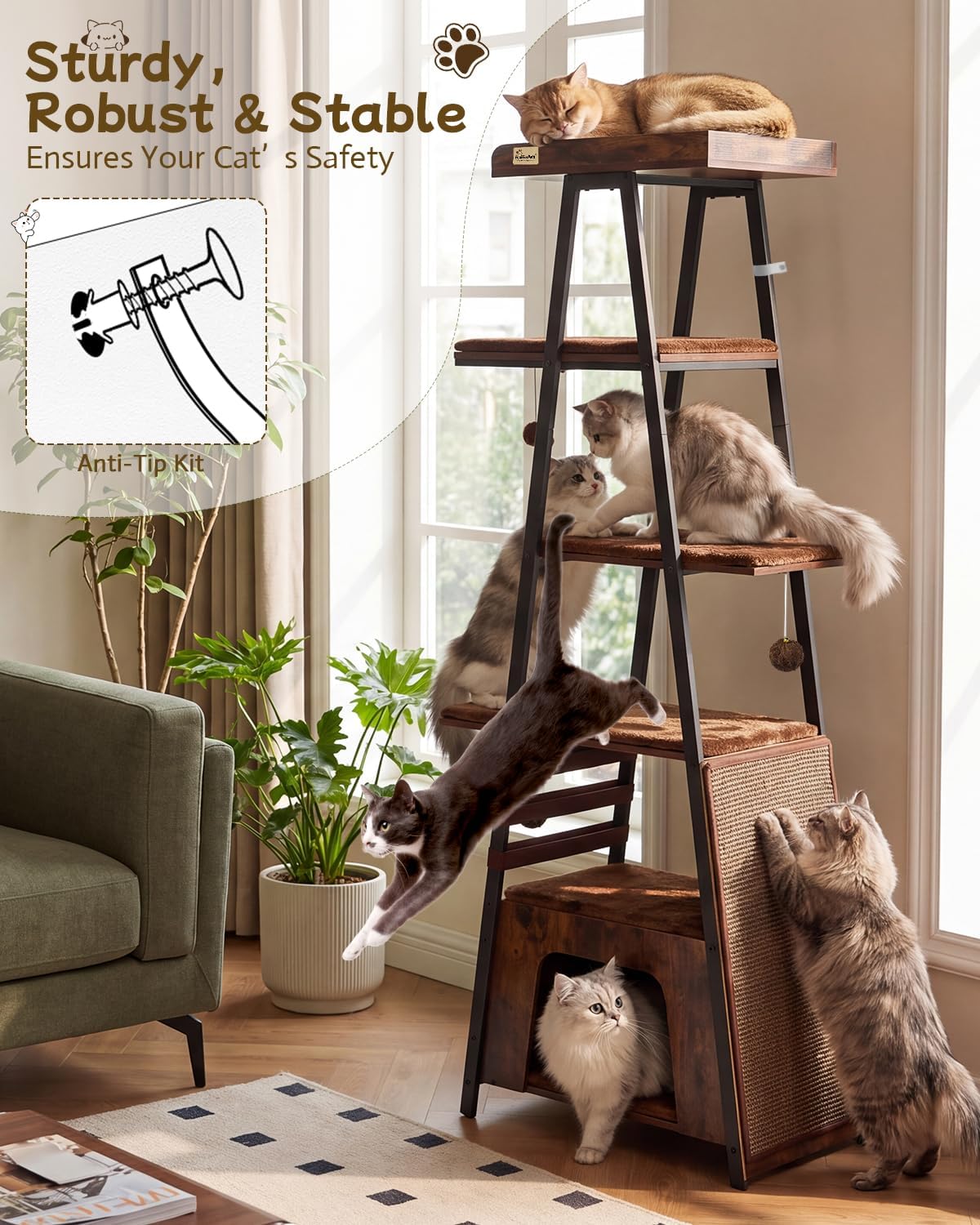 71" Modern Cat Tree for Large Adult Cats, Staggered Platforms