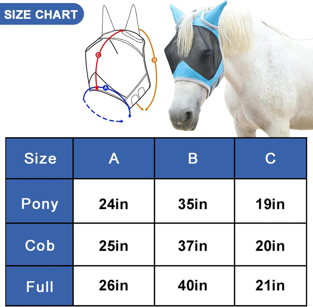 Horse Fly Mask with Ears, Breathable Fine Mesh Pale Blue Full