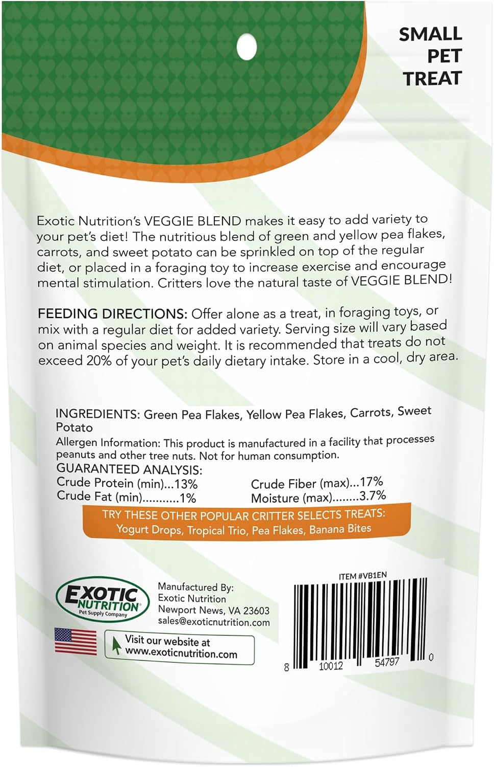 Veggie Blend - Healthy Natural Mixed Dried Vegetable Treat - Sweet Potatoes, Carrots, Peas - for Degus, Chinchillas, Sugar Gliders, Hedgehogs, Guinea Pigs & Small Pets… (8 Ounce (Pack of 1))