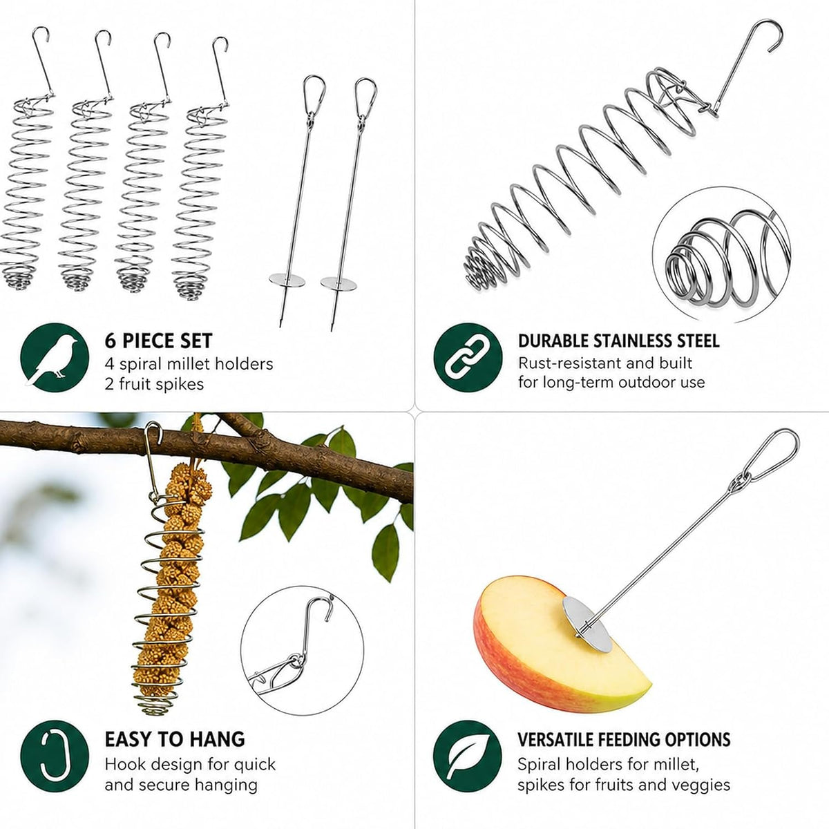 6PCS Millet Holder for Bird Cage, Feeder Set with Fruit Forks,Multi‑Feeder Combination, Foraging Accessory, Fits Small Cages, Simple Hook Mounting, Solid Bird Treat Rack