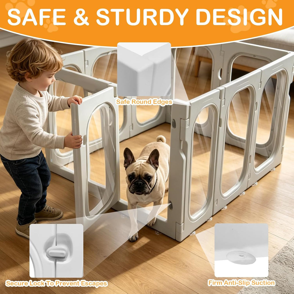 Acrylic Dog Playpen, 10-Panel Clear Transparent Puppy Playpen for Small Dogs Indoor Outdoor, Easy Assembly Foldable Pet Exercise Pen with Locking Door (White, 25.6 INCH, 10 Panels)