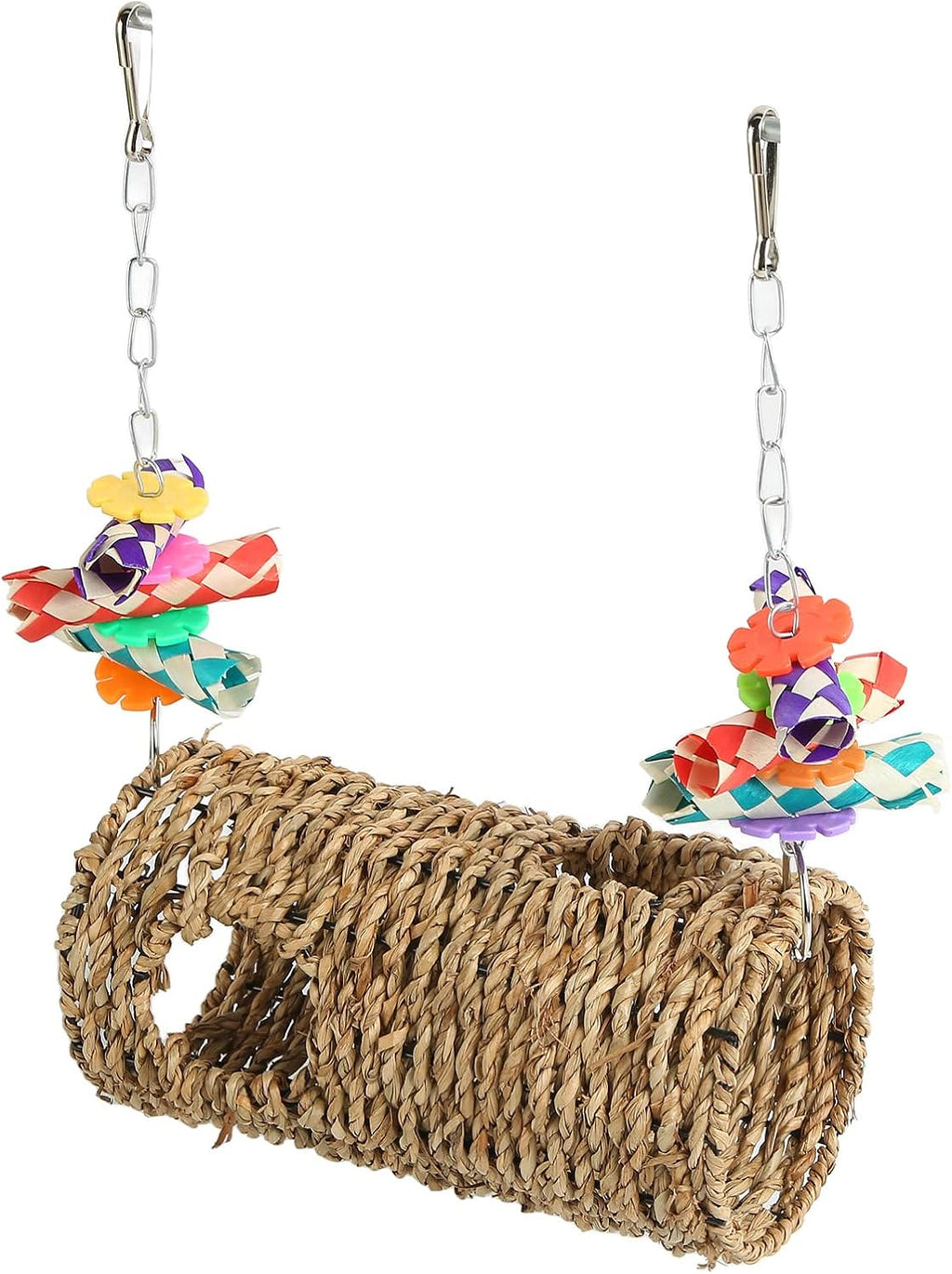 Grass Tunnel Toy Hanging Hideout for Birds and Small Animals with Seagrass Rope Bamboo Pieces and Colorful Tubes for Chewing Perching Sleeping