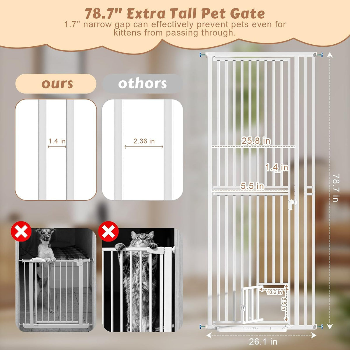 78.7" Extra Tall Pet Gate with Cat Door 27.5"-37.4" Wide Cat Gate