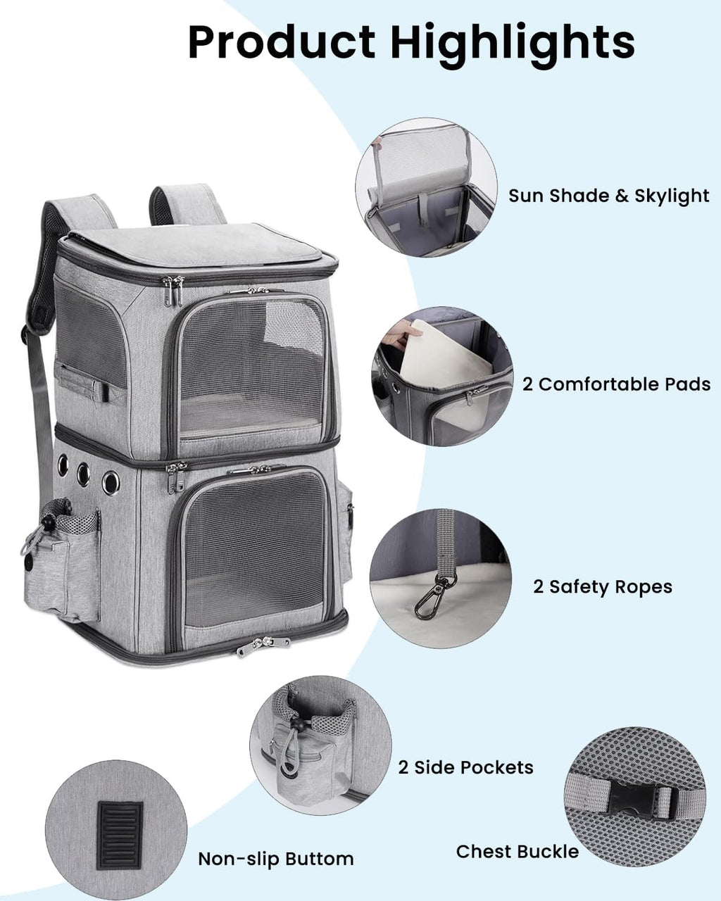 HOVONO Double-Compartment Cat Backpack Carrier for 2 Pets up to 18 lbs