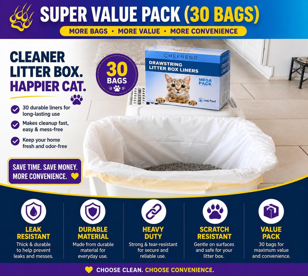Cat Litter Box Liners Drawstring XL (30 Bags) 39" x 17" Super Jumbo Scratch Resistant Extra Heavy 2 Mil Disposable Litter Box Liner Cat Litter Tray Bags (30 Count)