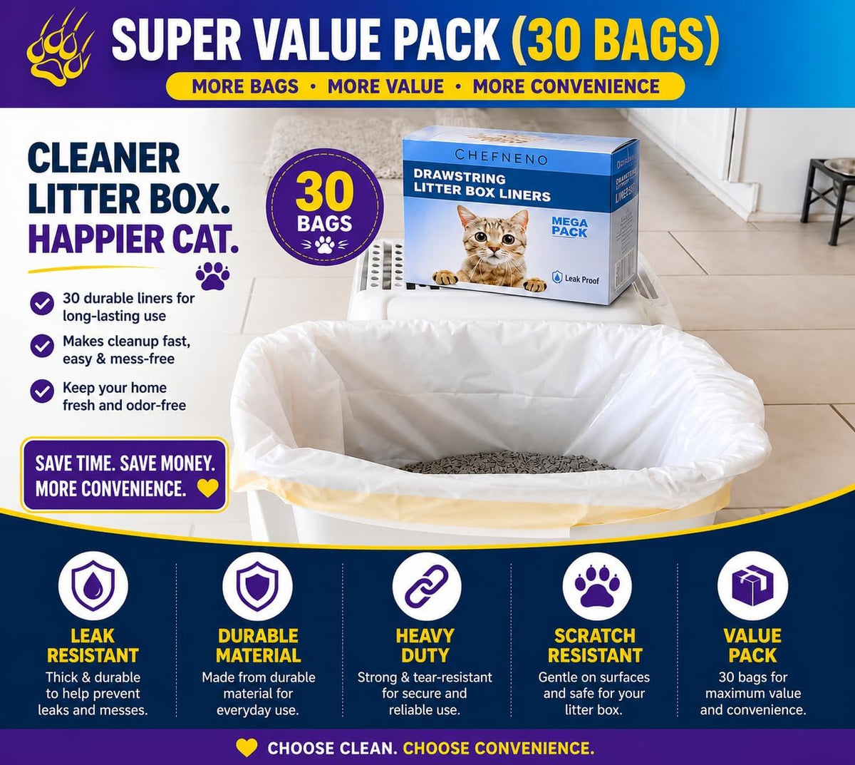 Cat Litter Box Liners Drawstring XL (30 Bags) 39" x 17" Super Jumbo Scratch Resistant Extra Heavy 2 Mil Disposable Litter Box Liner Cat Litter Tray Bags (30 Count)