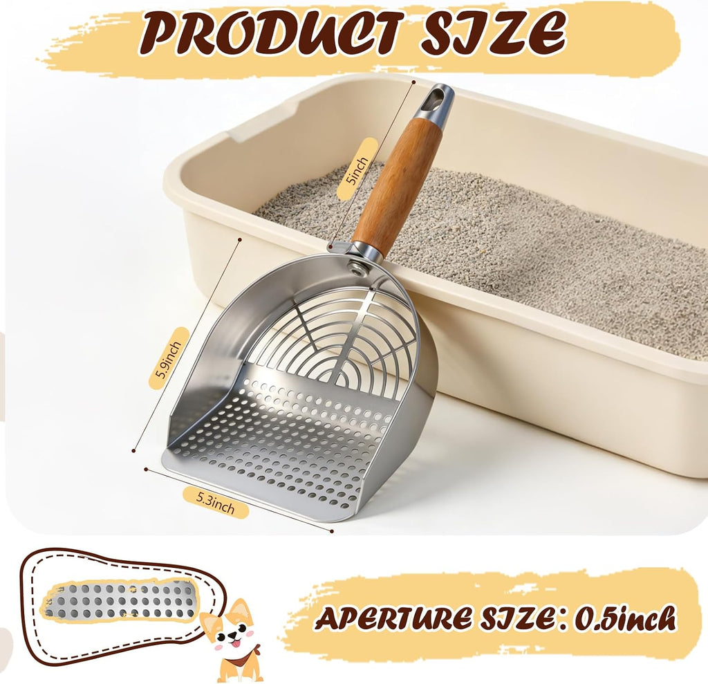 Large Cat Litter Scoop 304 Stainless Steel Rust Proof, Sifting Litter Box Scooper with Wood Handle, Curved Design for Easy Cleaning, Dual Sifter Holes cat Litter Shovel