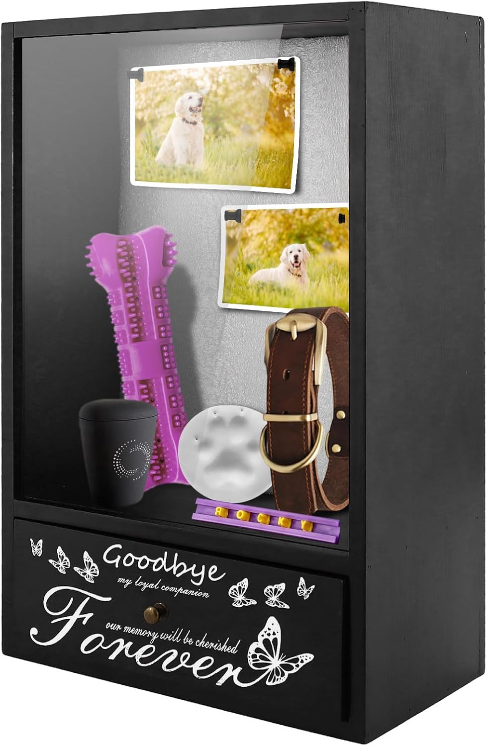 Pet Memorial Shadow Box, Pet Urn Ashes Display Case with Drawer, Dog Memorial Picture Frame Display Case, Pet Memorial Gifts for Loss of Dog with Pet Paw Print Set (Black)