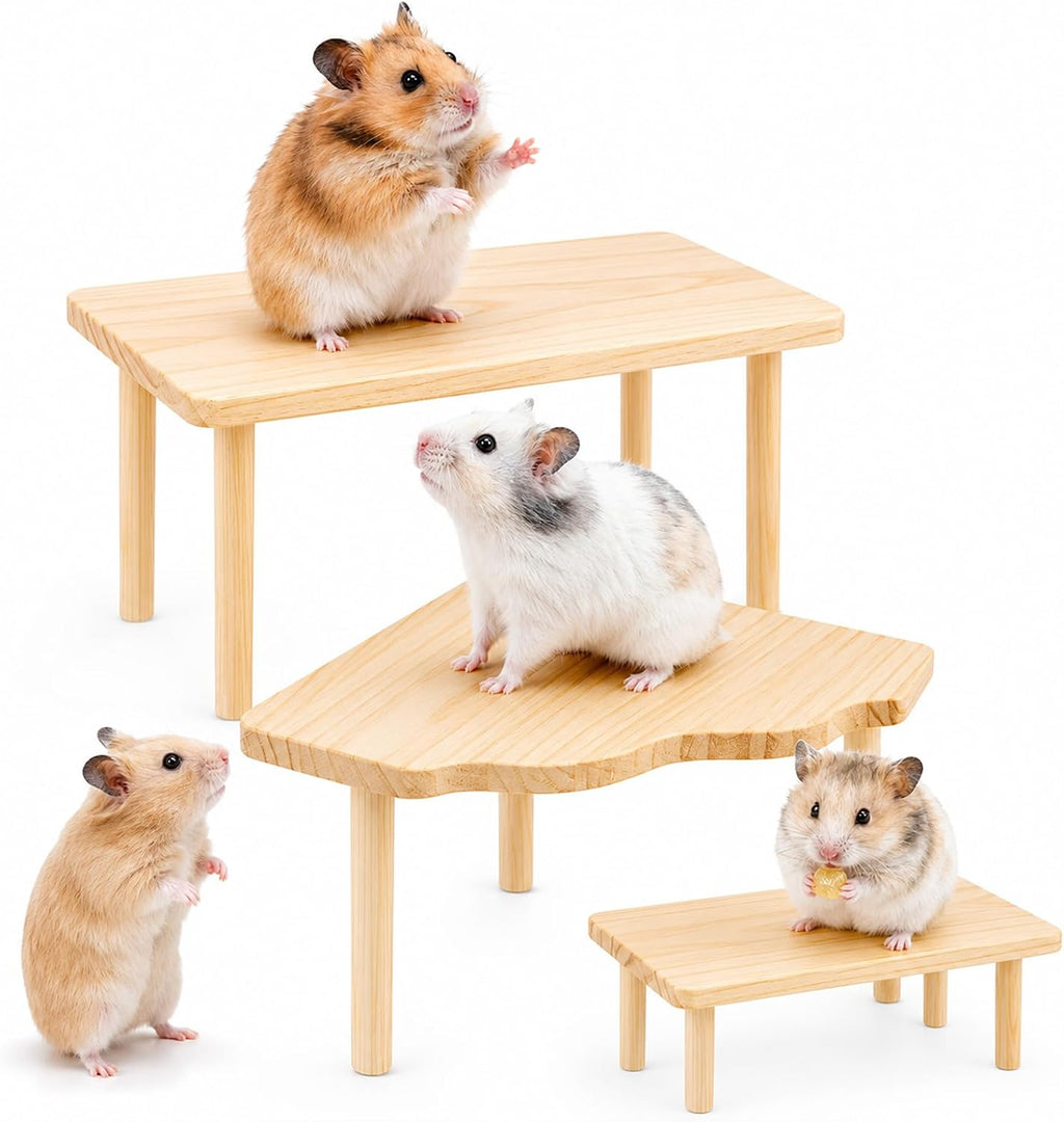 3 Pcs Hamster Platforms, Natural Pine Hamster Play Table, Rectangular & Triangle Hamsters Wooden Playground with Platforms for Hamsters, Gerbils, Mice, Squirrel, Small Pets Cage Accessories