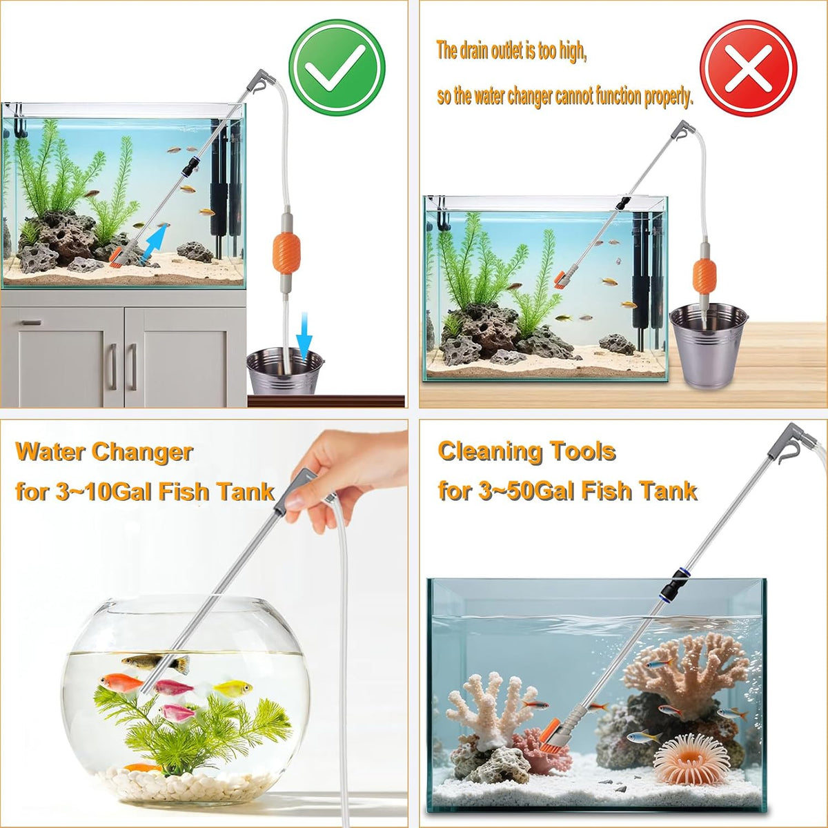 Carefree Fish Compact Aquarium Siphon Vacuum with Brush