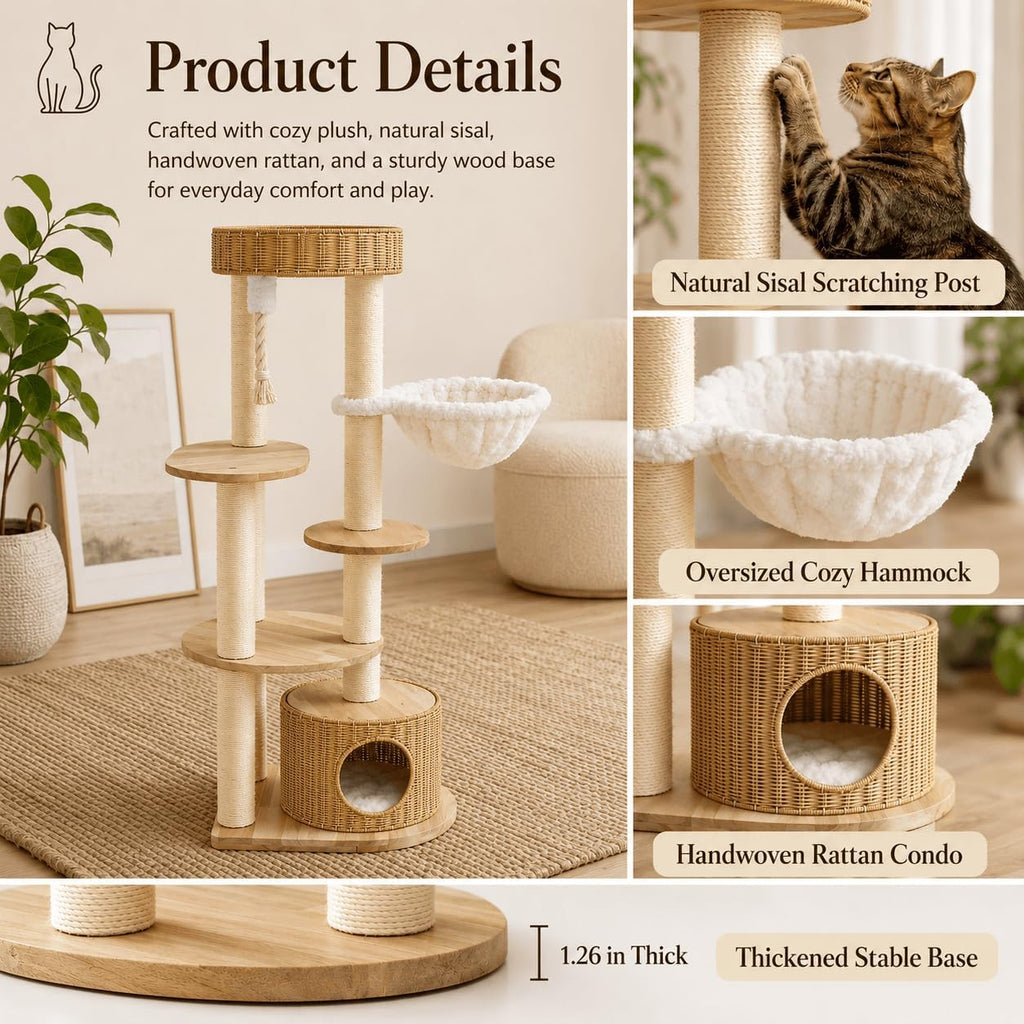 53'' Solid Wooden Cat Tree for Indoor Cats，Modern Large Cat Tower