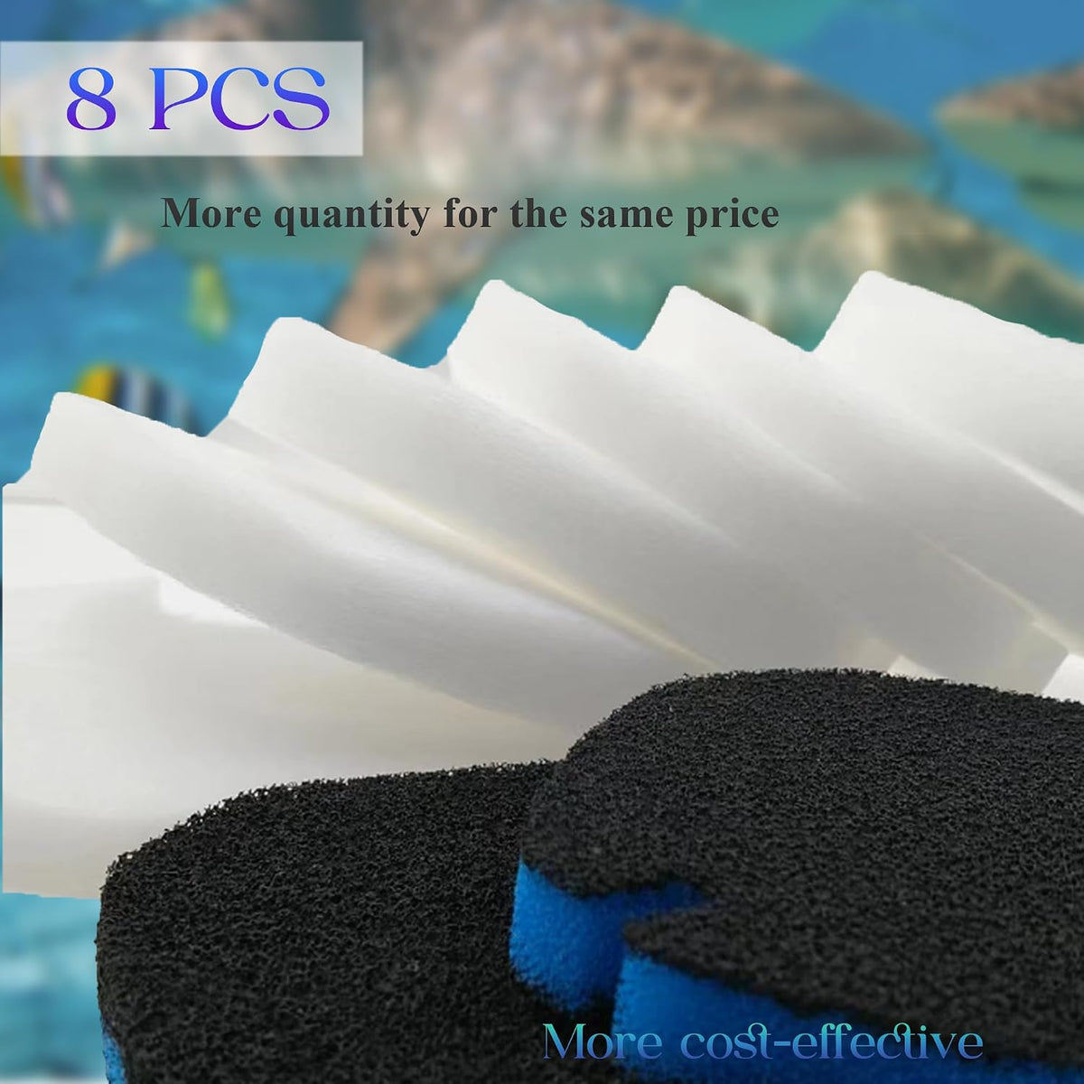 PurifyLogix Filter Canister Pads for AMOSIJOY 172/225/265/264GPH Aquarium, 8PCS Replacement Filter Media for Coospider-Repta, for AMOSIJOY 172/225/265/264GPH, 6 Fine Floss Pads & 2 Carbon Filter Pads