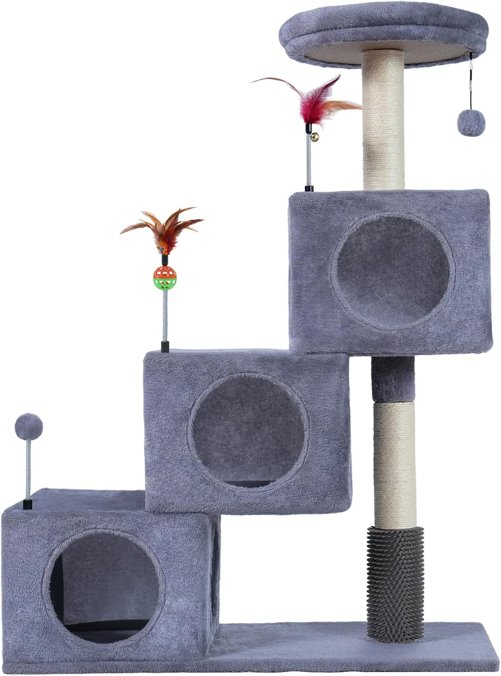 Cat Tree Tower for Indoor Cats 12lbs, Cat Tree with 3 Spacious Cat Houses & Condos, Full Sisal Scratching Posts and Cat Scratcher Toys，Grey