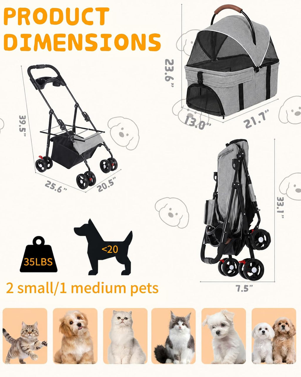 Pet Stroller, 3 in1 Foldable Dog Cat Stroller with Detachable Carrier-Gray