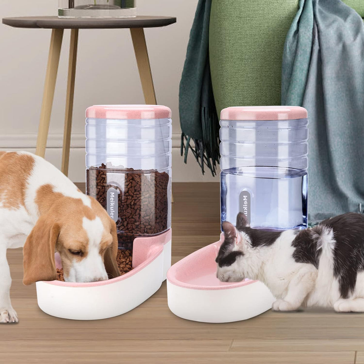 Meikuler Automatic Dog Cat Feeder and Water Dispenser Set,Waterer and Gravity Food Feeder for Small & Medium Dogs Cats Puppies,Large Capacity 1 Gallon x 2(Pink)