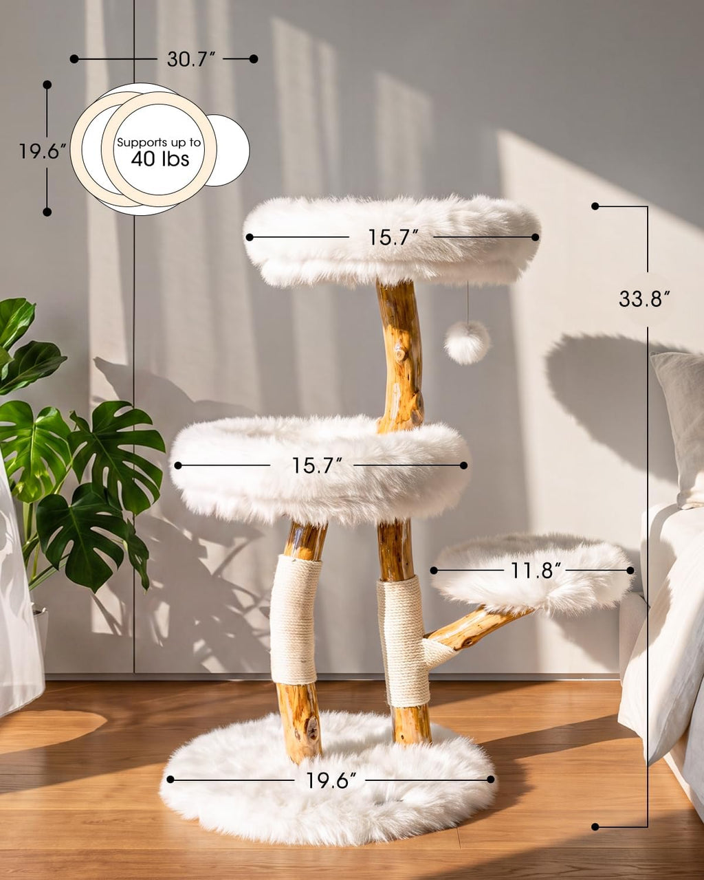 Solid Wood Cat Tree, Boho Modern Cat Tree Tower with Pear Branch