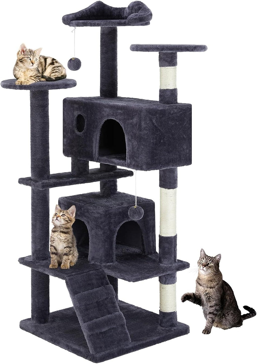 Hexago 54 Inch Cat Tree Tower for Indoor Cats, Multi-Level Cat Condo with Scratching Posts, Climbing Ladder, Plush Hammock, and Toy Ball, Stable Cat Play House Furniture, Beige