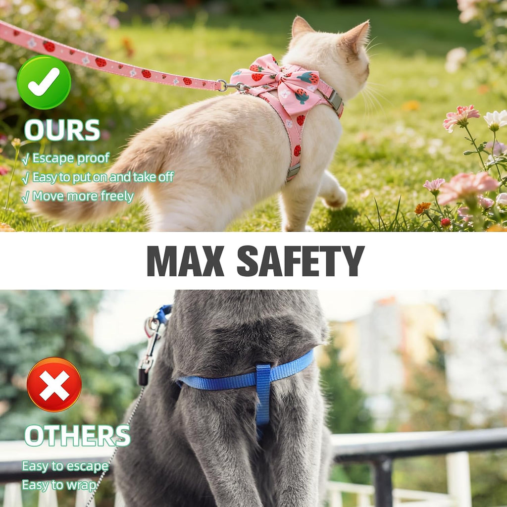 PAWCHIE Cat Harness and Leash Set Escape Proof with Bow Knot, Adjustable Kitten Vest Harness for Outdoor Indoor Use, Lightweight Soft Walking Travel Pet Harness for Medium Cats Boys Girls,Pink M